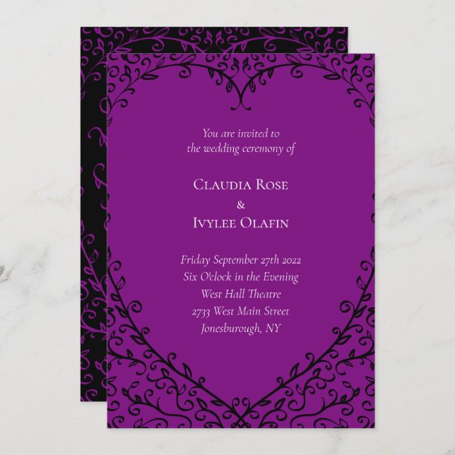Purple and Black Heart Gothic Wedding Invitation (Front/Back)