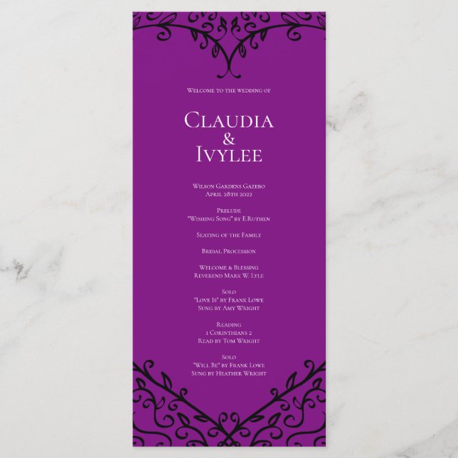 Purple and Black Heart Gothic Wedding Programs Menu (Front)