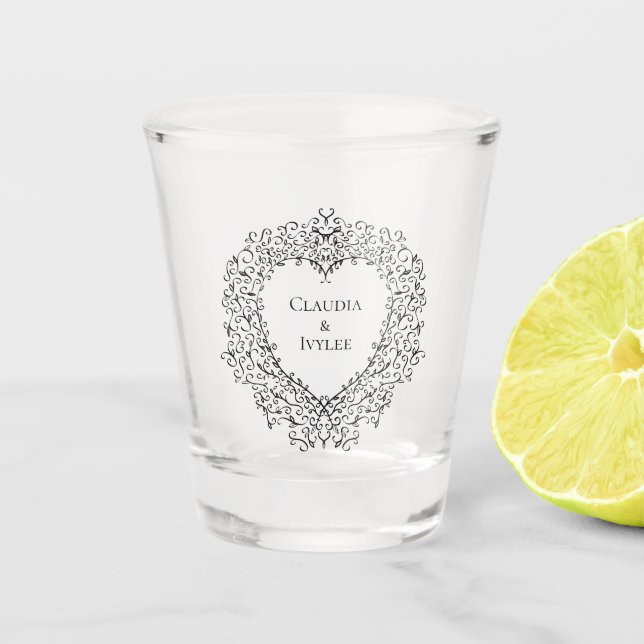 Purple and Black Heart Gothic Wedding Shot Glass (Front)