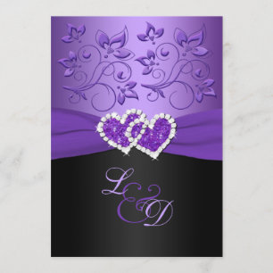 Purple and Black Joined Hearts Monogrammed Invite