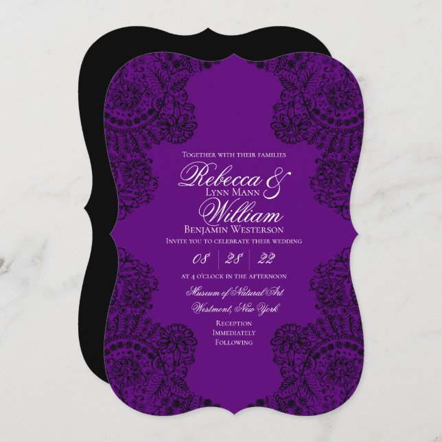 Purple and Black Lace Elegant Gothic Wedding Invitation (Front/Back)