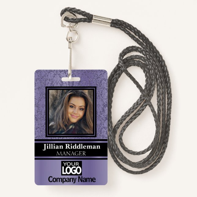 Purple and Black Photo and Logo Badge ID Badge (Front with Lanyard)
