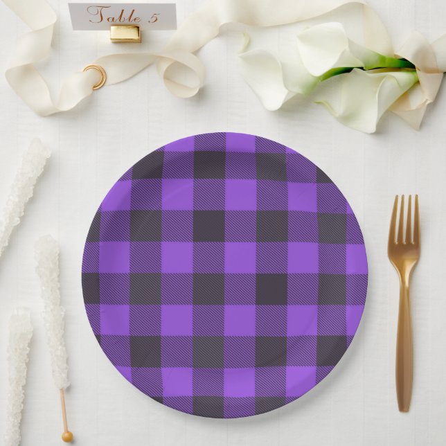 Purple And Black Plaid  Paper Plate (Wedding)