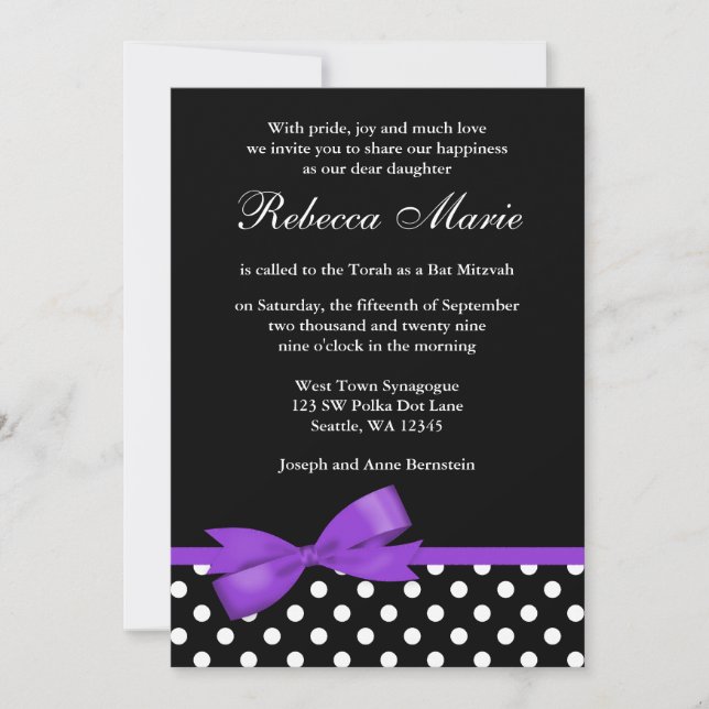 Purple and Black Polka Dots Bow Bat Mitzvah Invitation (Front)