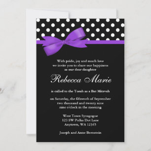 Purple and Black Polka Dots Top Bow Bat Mitzvah Invitation