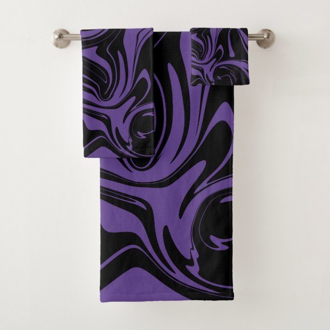 Purple and Black retro marble swirl Bath Towel Set (Insitu)