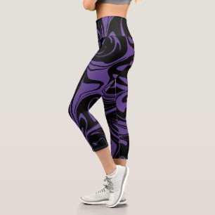 Purple and Black retro marble swirl Capri Leggings