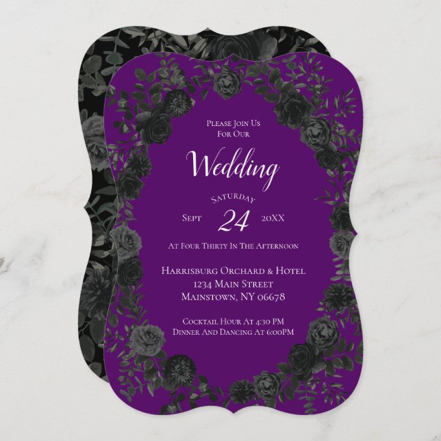 Purple and Black Rose Gothic Wedding Invitation (Front/Back)