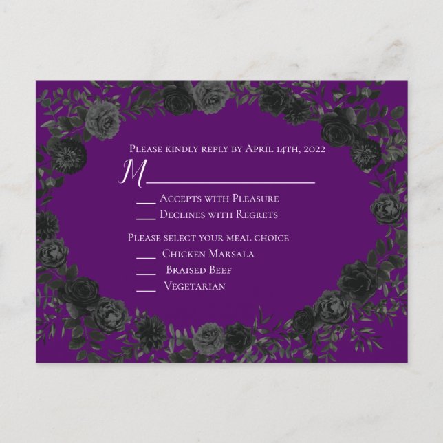 Purple  and Black Rose Gothic Wedding Reply Card (Front)