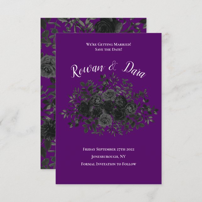 Purple and Black Rose Gothic Wedding Save the Date Invitation (Front/Back)