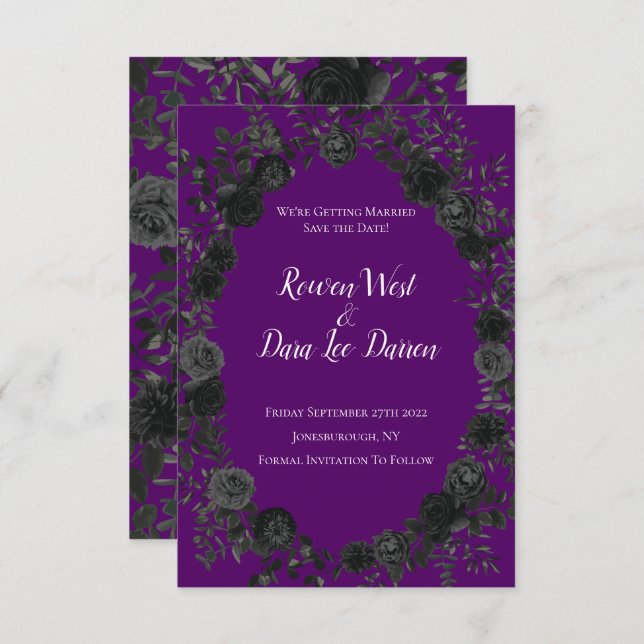 Purple and Black Rose Gothic Wedding Save the Date Invitation (Front/Back)