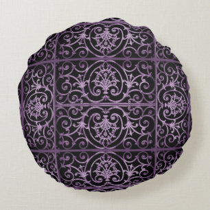 Purple and black scrollwork round cushion