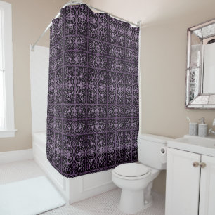 Purple and black scrollwork shower curtain