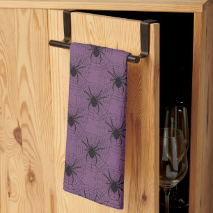 Purple and Black Spiders Pattern Halloween Tea Towel