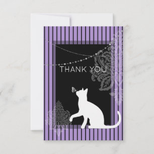 Purple and black stripes, and white cat thank you card
