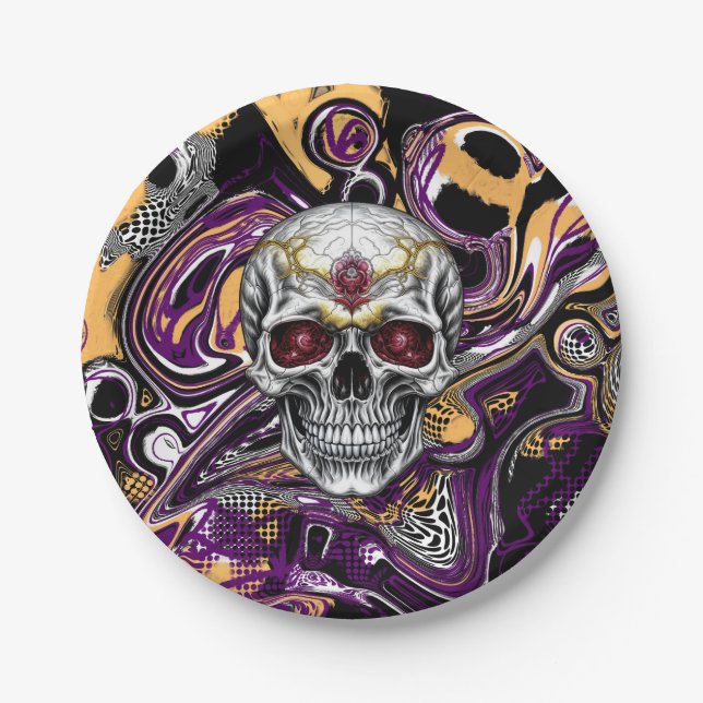 Purple and Black Sugar Skull Halloween Party Paper Plate (Front)