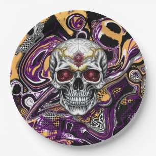 Purple and Black Sugar Skull Halloween Party Paper Plate