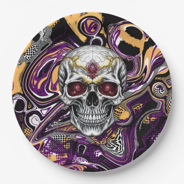 Purple and Black Sugar Skull Halloween Party Paper Plate (Front)