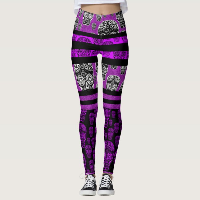 Purple And Black Sugar Skull Leggings (Front)