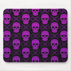 Purple and Black Sugar Skull Pattern Mouse Pad
