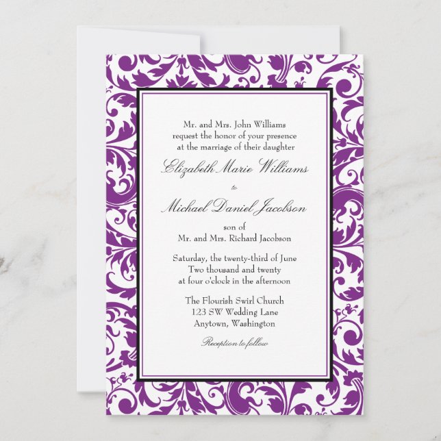 Purple and Black Swirl Damask Wedding Invitation (Front)