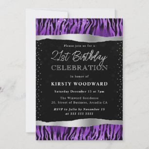 Purple and Black Tiger Stripes 21st Birthday Invitation