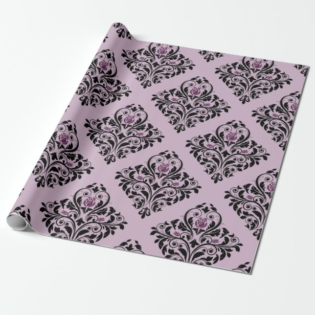 Purple and Black Vintage Damask Pattern Wrapping Paper (Unrolled)