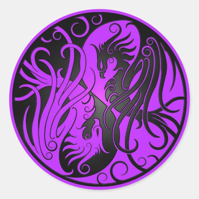 Purple and Black Yin Yang Phoenix Classic Round Sticker (Front)
