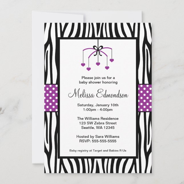 Purple and Black Zebra Heart Mobile Baby Shower Invitation (Front)