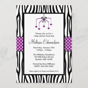 Purple and Black Zebra Heart Mobile Baby Shower Invitation