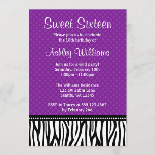 Purple and Black Zebra Polka Dot Sweet 16 Invitation