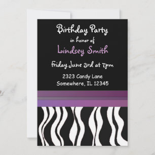Purple and Black Zebra Print Birthday Invitation