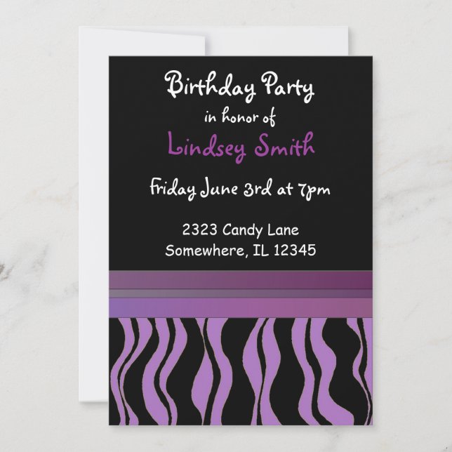 Purple and Black Zebra Print Birthday Invitation (Front)