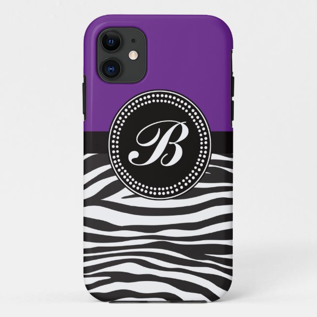 Purple and Black Zebra Print Monogram iPhone Case (Back)
