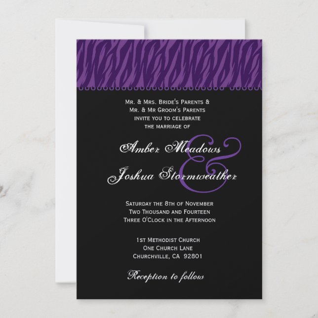 Purple and Black Zebra Print Wedding Metallic Invitation (Front)