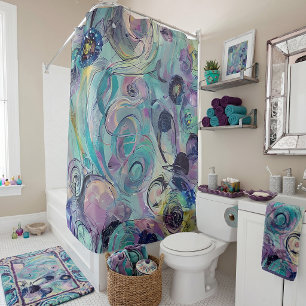 Purple and blue abstract swirls shower curtain