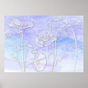 Purple and Blue Abstract Watercolor and Poppies 3 Poster