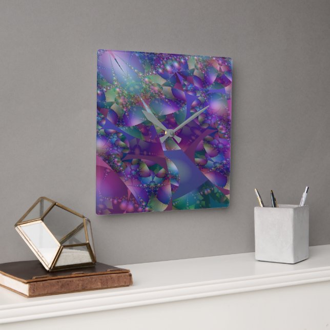 Purple and Blue Bubble Fractal Square Wall Clock (Office)