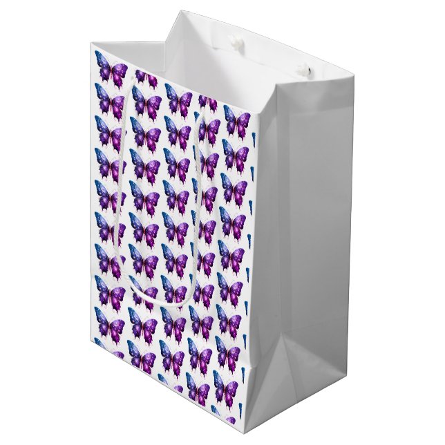 Purple and Blue Butterfly White Pattern Halloween Medium Gift Bag (Front Angled)