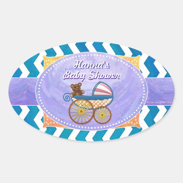 Purple and Blue Chevron Custom Baby Shower Oval Sticker (Front)