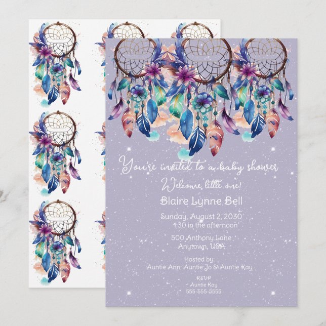Purple and Blue Dreamcatcher Girl Baby Shower Invitation (Front/Back)