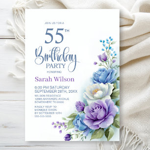Purple and Blue Floral 55th Birthday Party Invitation