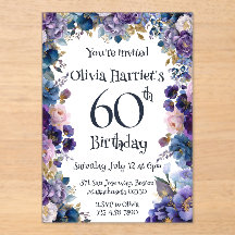 Purple and blue floral 60th birthday invitation