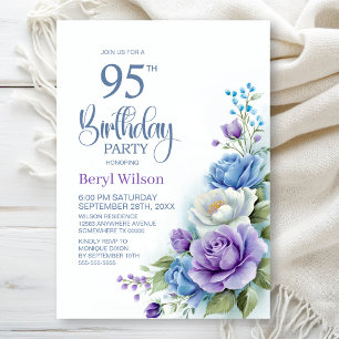 Purple and Blue Floral 95th Birthday Party Invitation