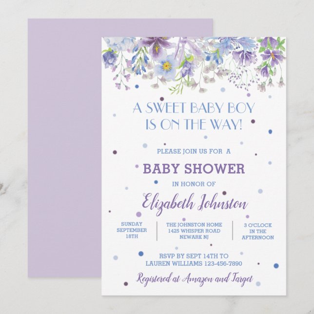 Purple and Blue Floral Baby Boy Shower Invitation (Front/Back)