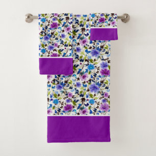 Purple and blue floral bath towel set