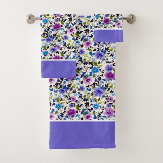 Purple and blue floral bath towel set (Insitu)