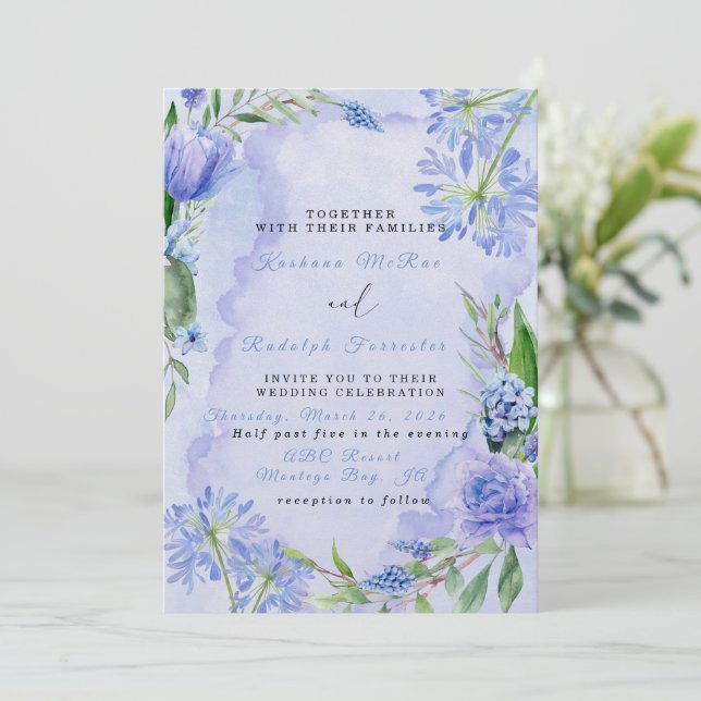 Purple and Blue Floral Flat Save The Date Card (Standing Front)