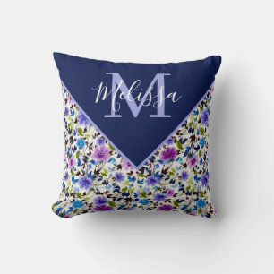 Purple and blue floral personalised cushion