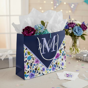 Purple and blue floral personalised large gift bag